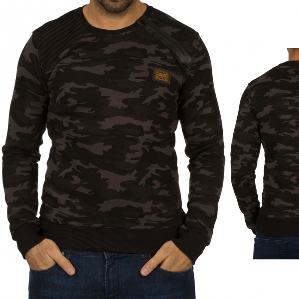 Heren Camouflage Sweater met Rits Zwart Heren Camouflage Sweater met Rits Zwart